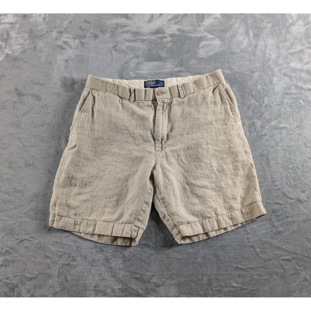 VTG Polo Ralph Lauren Shorts Mens 36 Beige Linen Chino 8.5" Inseam Preppy READ